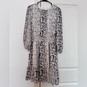 J. Crew Black & White Snake-Print Long Sleeve Tiered Dress